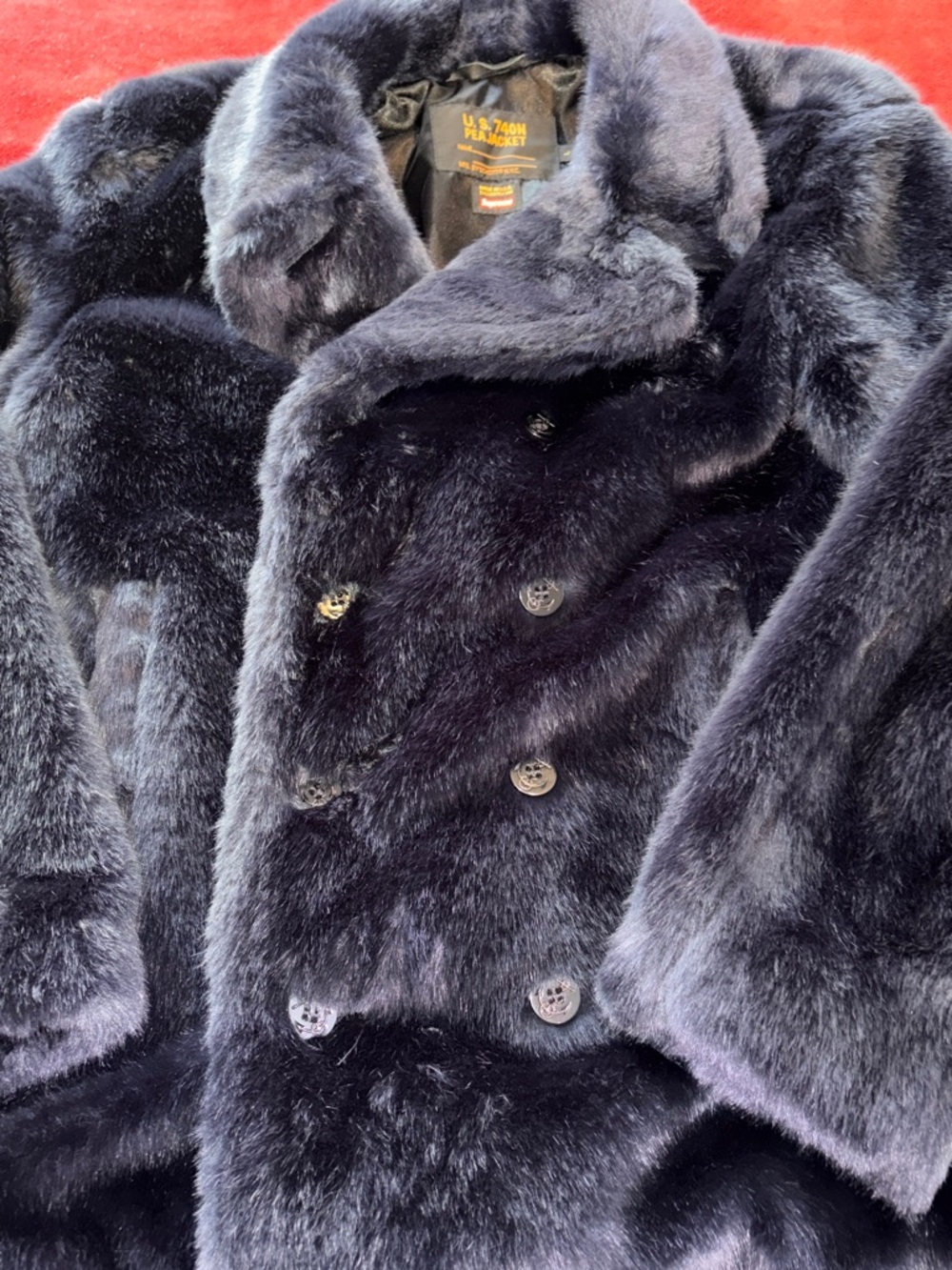 Supreme x Schott NYC navy blue faux fur pea jacket. Never worn.